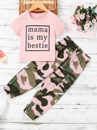 Toddler Girls Slogan Graphic Tee & Camo Print Flap Pocket Pants SHE