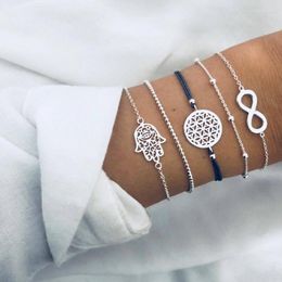 Lucky Numbers 8-character Hollow Palm Bohemian Braided Blue Cord Bracelet Set For Women Prayer Bangle Boho Jewelry Link Chain