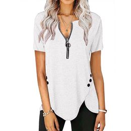 Women Blouses Zipper Tunic Tops Fashion Buttons Irregular Hem Short Sleeve T Shirts Pullover Casual Slim V Neck Tees Blouse Plus Size S-5XL