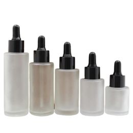 Frost Glass Dropper Bottle Empty Portable Flat Shouder Cosmetic Packaging Essential Oil Vials Black Plastic Ring Lid Refillable Container 20ml 30ml 40ml 50ml 60ml