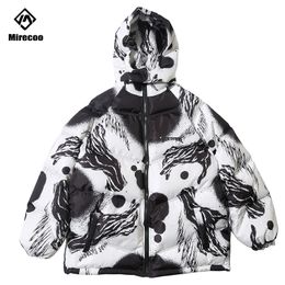 Reflective Striped Jacket Parka Ink Graffiti Print Men Winter Hooded Windbreaker Streetwear Padded Coat Warm Outwear 201119