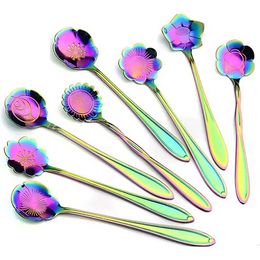 Orders Rainbow Color Coffee Tea Stir Flower Spoon Ice Cream Dessert Teaspoon Spoons Cocktail Stirring Spoon Stainless Steel Tableware Kitchen Bar Cafe Accessories