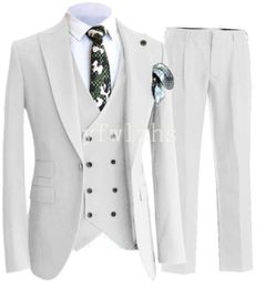 Handsome White Man's Suits Peak Lapel Groom Tuxedos Groomsmen Wedding/Prom/Dinner Man Blazer Jacket Pants Vest Tie N072