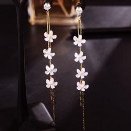 Dangle & Chandelier Peach Blossom Petal Cubic Zirconia Drop Earrings Long Chain Tassel Women Pave CZ Romantic JewelryDangle