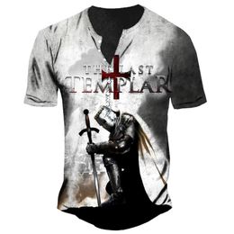 Men's T-Shirts Summer Imitation Cotton V Neck Button T Shirts For Men Streetwear Knights Templar 3D Print Loose Short Sleeve Oversized T-shi