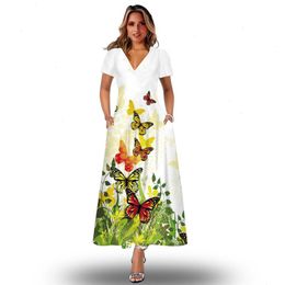 face printed dress UK - Womens V-neck Short-sleeved 3d Face Printing Long Dress Positioning Printed Large Swing Pullover Dresses