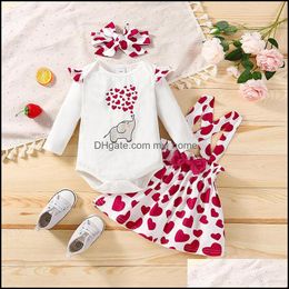 Clothing Sets Kids Girls Outfits Infant Headbandsandflying Sleeve Elephant Romper Topsandlove Heart Print Strap D Mxhome Dh7Sz