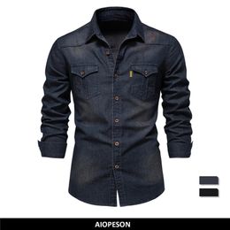 AIOPESON Brand Elastic Cotton Denim Shirt Long Sleeve Quality Cowboy Shirts for Casual Slim Fit Mens Designer Clothing 220811