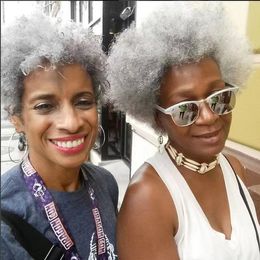 Beautiful black women gray human hair puff bun ponytail extension drawstring clip in slaying gracefuly in grey hairpiece 80g 100g 120g