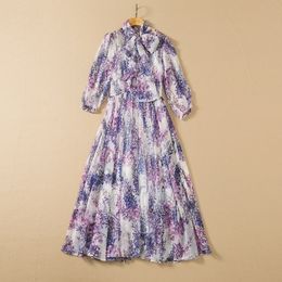 2022 Summer 3/4 Sleeve Round Neck Red / Green / Lavender Floral Paisley Print Chiffon Ribbon Tie Bow Panelled Mid-Calf Dress Elegant Casual Dresses 22Q032101