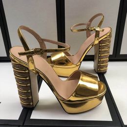 High Heeled Sandals Designer Patent Leather Ankle Wrap 13Cm Chunky Heel Cool Shoes Fashionable Colourful Heels Platform Womens Classics Sand 38