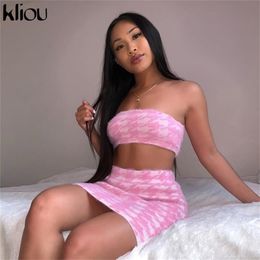 Kliou pink 2 piece set women skinny club outfits summer strapless crop top sleeveless fashion female elastic streetwear T200602