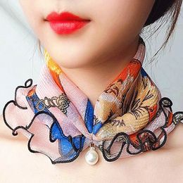 Fake Pearl Pendant Organza Neck Collar Chiffon Scarves Lace Pearls Scarf Fashion Print Shiny Variety Clothing Accessories