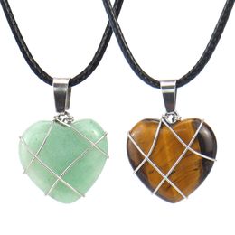 Wire Wrap Heart Pendant Necklaces Reiki Healing Crystal Tiger Eye Amethyst Aventurines Chakra Necklace for Women Jewellery
