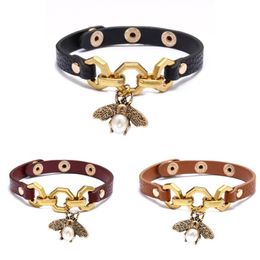 wristband for women UK - Charm Bracelets Retro Genuine Leather Wristband Women Girls Bee Wrap Chain Bracelet Bangle Gothic Hand Band Femme Punk Jewelry