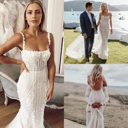 Lace Mermaid Wedding Dresses Square Neck Lace Appliqued Sexy Backless Vestidos De Novia Sweep Train Pearls Summer Beach Wedding Dress