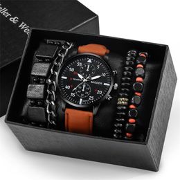 Male Watch Luxury Bracelet Set Fashion Business Brown Leather Quartz Wrist Watches for Men Gift Set Masculino 220525