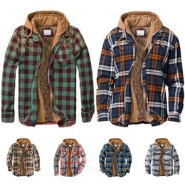 Men's Jackets Cotton Flannel Shirt with Hood Mens Long Quilted Lined Plaid Button Down Thick Hoodie Outwear Y2302