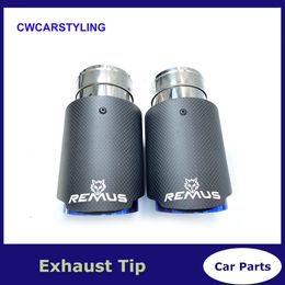 1PCS Car Exhaust Tail Pipe Matt Carbon Tail End Blue Stainless Steel Straight Muffler Tip Flange With Remus Logo For Bmw F30