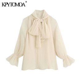 KPYTOMOA Women Fashion With Bow Semi-sheer Chiffon Blouses Vintage Long Sleeve Loose Female Shirts Blusas Chic Tops 210308