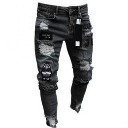 Men's Jeans Mens Skinny Embroidery Cartoon Print Ripped Destroyed Denim Pants High Quality Hip Hop Ropa Hombre Pentalon HommeMen's