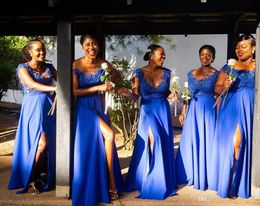 African Summer Royal Blue Chiffon Lace Bridesmaid Dresses A Line Cap Sleeve Split Long Maid of Honor Gowns Plus Size Custom Made B200U