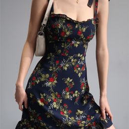 WOMEGAGA Summer French Black Printing Sleeveless Sling A-line Dress Slash Neck Fungus Edge High Waist Slim Women HWH7 220520