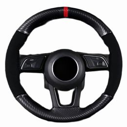 Steering Wheel Covers 38CM Red Mark Suede Carbon Fibre Leather Wear-resistant Non-slip Hand-stitched Cover With Needle And ThreadSteering