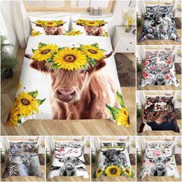 Highland Cattle Duvet Cover Set Cute Floral Cow Twin Bedding Yellow Sunflower Print Comforter Animal Theme Quilt