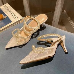 Fashion-sandals Rimocy Pearl Ankle Strap Pumps for Women 2023 Summer White Lace High Heel Shoes Woman Sexy Pointed Toe Bowknot Party Prom 220510