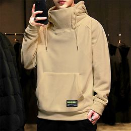 Thick Fleece Hoodies Men Autumn Winter High Neck Hooded Windproof Hip Hop Fashion Clothing Tops Casual 220812