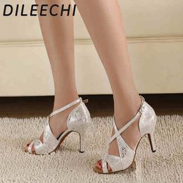 Dileechi Brand Women S White Satin Leopard Leopard Latin Dance Spot Spot all'ingrosso Salsa Party Square High Heels 8 5cm 220720