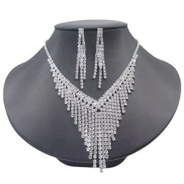 Fashion Women Crystal Bride Necklace Earring Jewelry Set Rhinestone Silver-plated Wedding Dress Banquet Ladies Gift