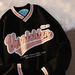 American retro letter embroidery sweatshirt women Harajuku V-neck plus size hoodies Y2K loose couple long-sleeved shirt 220406