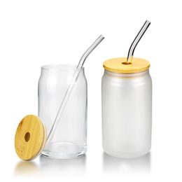 Carton Sublimation Glass Beer Cups with Bamboo Lid Straw DIY Blanks Frosted Clear Can Tumblers Mug Heat Transfer 15oz Glasses 446 H1