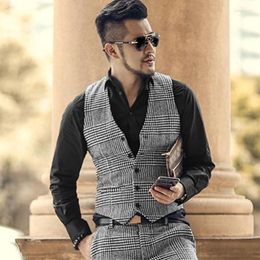 Men's Vests Mens Suit Vest Slim Fit V Neck Houndstooth Brown Grey Single-breasted Waistcoat Casual Formal Business Groomman For Wedding Guin