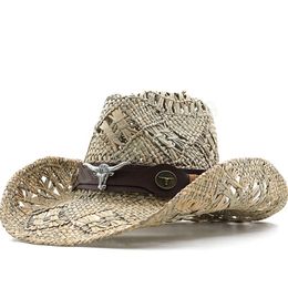 Straw Hats Panama Western Cowboy Women Men Summer Hat Jazz Caps Beach Windproof Rope Cap Out Shading Wide Brim Hat