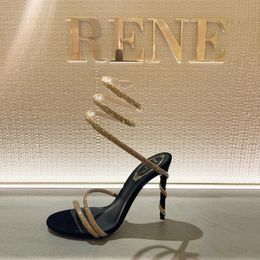 Rene Caovilla topuk margot süslemeli süet sandaletler yılan stras stiletto topuklar kadın yüksek topuklu tasarımcılar ayak bileği saran akşam ayakkabıları