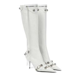 Cagole Boots Kardashian Lambskin Leather Knee-high Boots Stud Buckle Embellished Side Zip Shoes Pointed Toe Stiletto Heel Tall Designers Shoe for 196