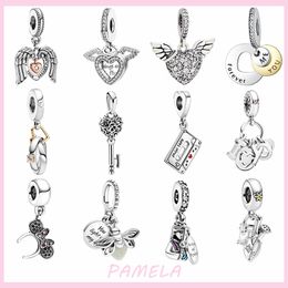 925 Silver Angel Heart Shape Charms Bow Tie Key Beads DIY For fit Pandora Bracelet Jewelry For