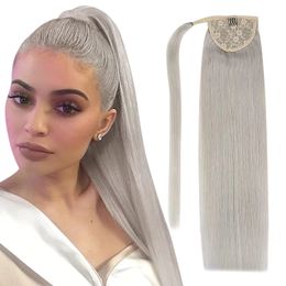 Grey Clip-in Hair Extensions 20 Inch Silver Blonde Human Ponytail Extensions Clip Ins Invisible Silky Straight for Women 120 Grams One Pack