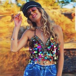 Rainbow Sequin Tassel Mermaid Mirror Festival Body Bra Bralette Crop Top Beading Coins Lace-Up Chiffon Boho Cami 220318