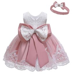 Girl's Dresses Born Dress Bow Send Hairband Tutu Skirt Lace Baby Girl 1st Birthday Party Princess Girls Wedding DressGirl's