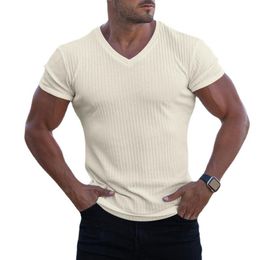 Men's T-Shirts 2022 Basic Casual Knitted Ribbed Solid Mens Summer Short Sleeve Fashion Slim Tee Shirts Gym Clothing Pullover Tops