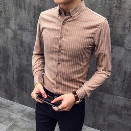 Men's Dress Shirts Autumn Men Korean Striped Business Blouse Tops Man Long Sleeve Male Handsome Warm Velvet Formal K111Men's