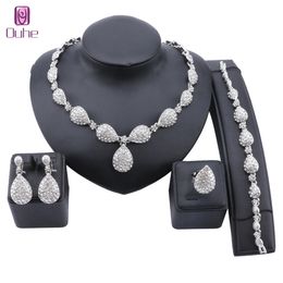 Dubai Gold Jewellery Sets for Women Water Droplets Pendant Crystal Necklace Earring Ring Bridal Wedding Costume Jewellery Set