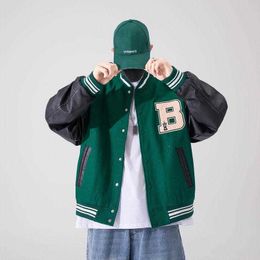 Oversized Unisex Fashion Men's Hip Jackets Hop Varsity Baseball Jacket Leather Sleeve Hi Street Loose Fit Coat Outerwear For Coupl