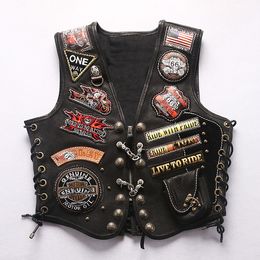 Punk Style Summer Harley leather vest copper buckle men and women couples laser embroidery piece rock motorcycle leather jacket