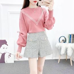 Women's Tracksuits Autumn Winter Women Suits Female O-neck Pullover Sweater Tops Woollen Wide-leg Shorts Ladies Two Piece Sets Q389Women's