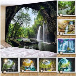 Landscape Carpet Wall Hanging 3D Cave Boho Forest Waterfall Large Fabric Wall Rugs Home Decor Aesthetic Room Decoracion J220804